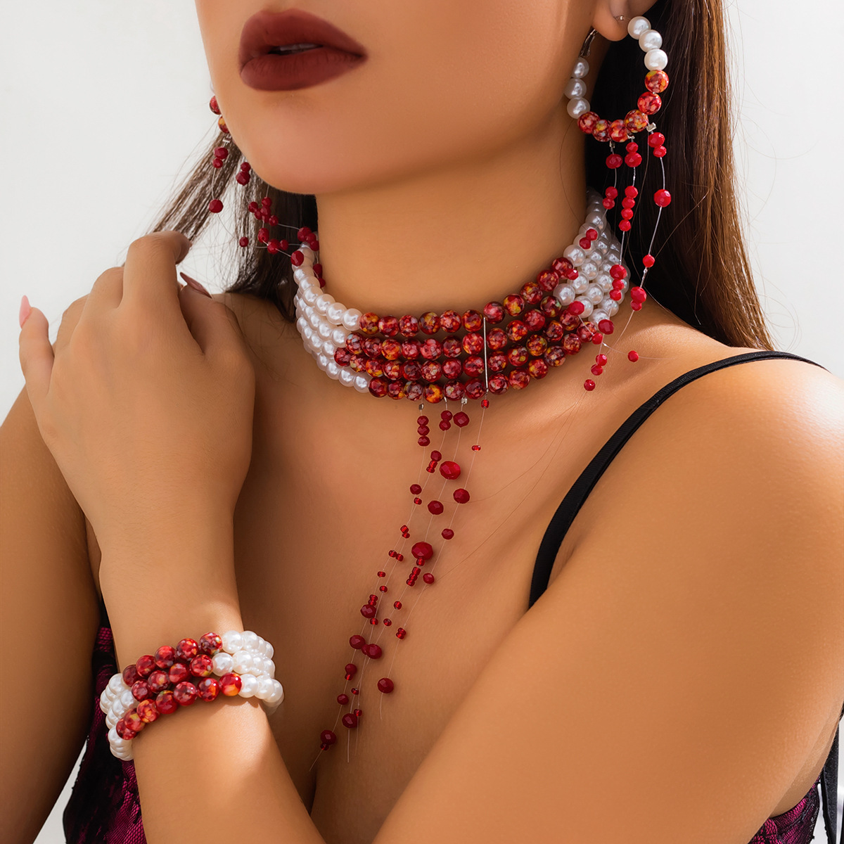 Pearl Choker Necklace Vintage - Çok katmanlı Vintage kırmızı kan desen