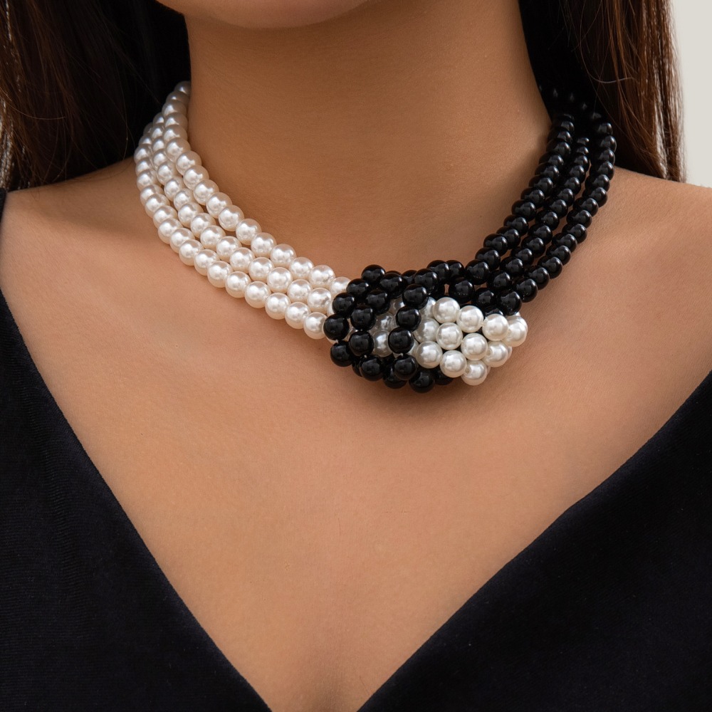 Pearl Choker Necklace Vintage - Moda Retro Siyah Beyaz Dikiş Düğüm