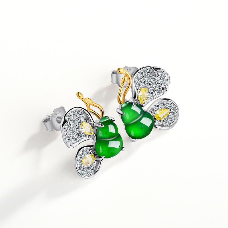 Earrings - Yeşil Burma Yeşim Taşı Kelebek Küpeler